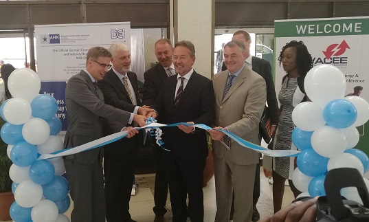 Mr Christoph Retzlaff, German Ambassador (4th left), being supported by other ambassadors, Mr William Hanna (2nd left), EU; Mr Francois Pujolas, France (2nd right), and Patrick Martens, AHK Ghana, to cut the tape to open the three-day exhibition. Picture: MAXWELL OCLOO