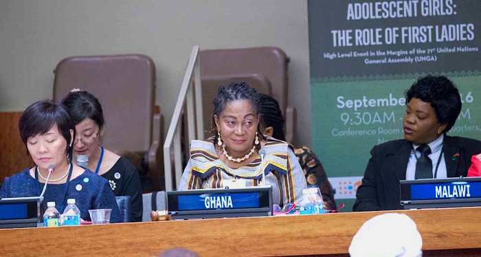   Mrs Lordina Mahama flanked by the First Ladies of Japan (left) and Malawi (right).