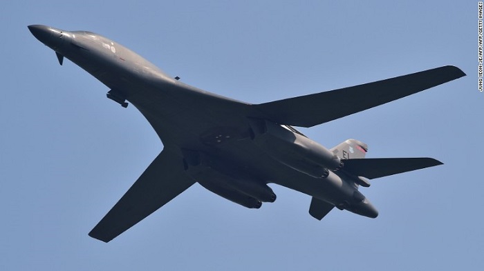 A US B-1B Lancer bomber flies over the Osan Air Base, South Korea, on Tuesday
