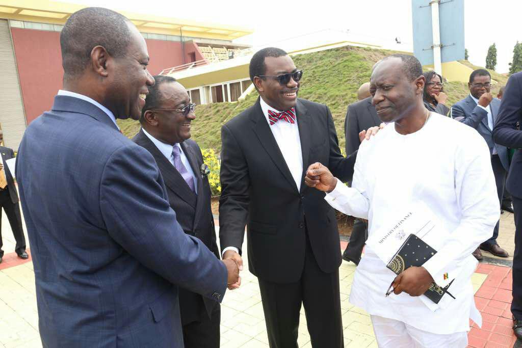 Mr Ken Ofori-Atta (right), Finance Minister interacting with Mr Akinwumi Adesina (2nd right), President, African development Bank Group after the meeting. Looking on is Dr Akoto Owusu Afriyieome (2nd left), Minister of Agriculture. Picture: Samuel Tei Adano