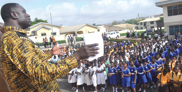  Dr Yaw Adutwum (left) addressing BECE candidates at the Kumasi Anglican Senior High School centre. Picture: EMMANUEL BAAH
