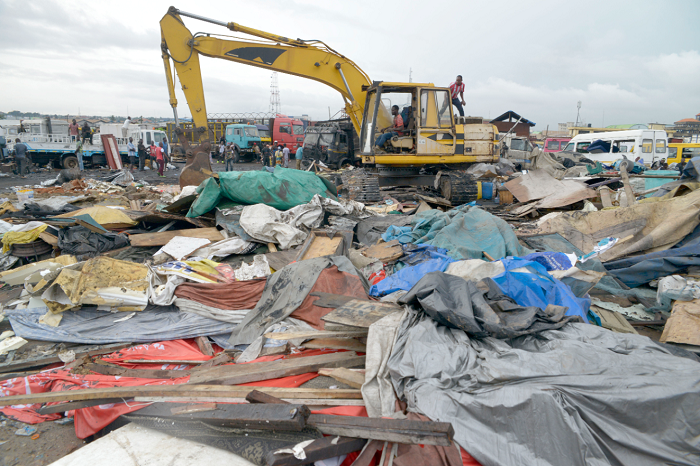 Structures along the Korle Lagoon ecological project being demolished by the Accra Metropolitan Assembly 