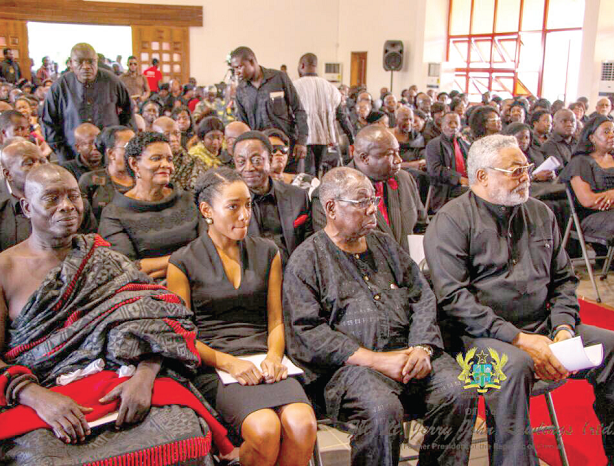 Former President Rawlings at the burial service of the late Ashiagbor. Seated on his right is Mr Victor Gbeho