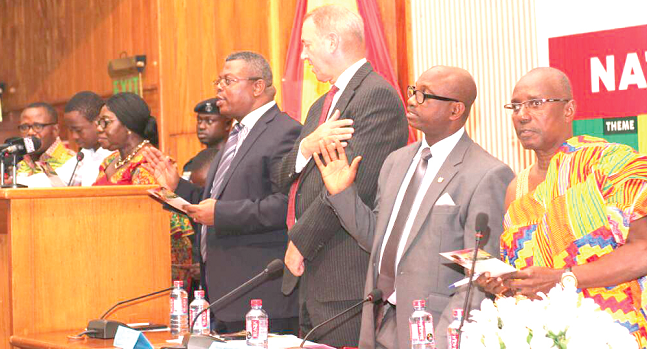 Madam Frema Osei-Opare, the Chief of Staff (3rd left), leading other dignitaries to pledge their support in ending child labour. Picture: NII MARTEY M. BOTCHWAY