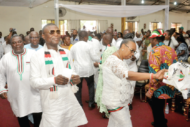 Some executive members of the NDC dancing during the service. Picture: EBOW HANSON