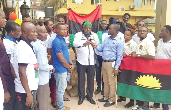 The Coordinator of the Indigenous People of Biafra (IPOB), Mr Julius Chukwukedzie, talking to a section of the press