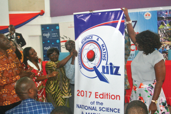 •Mr Andrews Kwabena Quaning launching the 2017 edition of the National Science and Maths Quiz, Looking on is Mr Kwaku Mensah Bonsu (left) and Dr Elsie Effah Kaufmann (2nd Left), the Quiz Mistress. PICTURE: INNOCENT K. OWUSU.