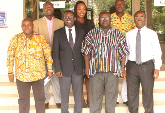 Mr Kenneth Ashigbey (3rd left), Dr Kwame Addo Kufour (2nd left), President, Ghana Chamber of Mines, Mr Ransford Tetteh (left), Mr Suleman Koney (right), Mr Alfred Baku, Ms Gloria Hiadzi and Nii Laryea Sowah after the meeting