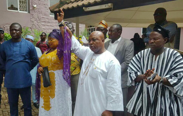 Mr Muhamed Abdul-Samed Gunu, the Member of Parliament (MP) for Savelugu-Nanton, introducing Hajia Ayishetu Seidu, the confirmed MCE for Savelugu-Nanton, to the crowd