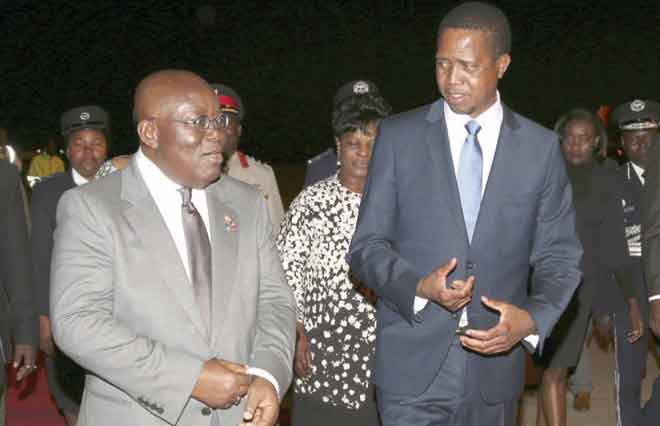 President Edgar Chagwa Lungu (right) welcomes his Ghana counterpart Nana Addo Dankwa Akufo-Addo at Kenneth Kaunda International Airport in Lusaka on Monday,June 26,2017. PICTURE BY SALIM HENRY/STATE HOUSE (ZAMBIA).