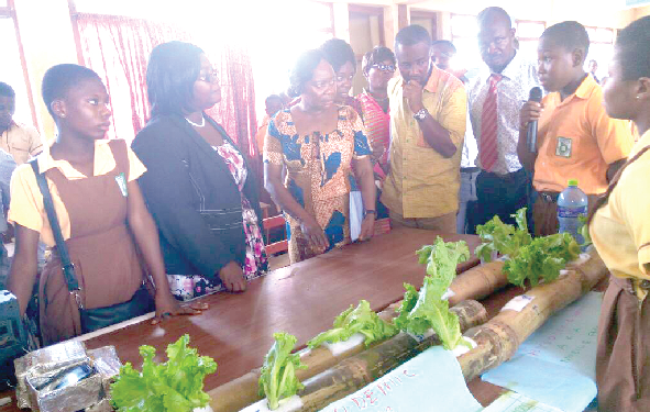 Pupils of Adentan Community Basic School explaining the set up to Dr Angela Tina Mensah (2nd left) and other officials at the Science Fair