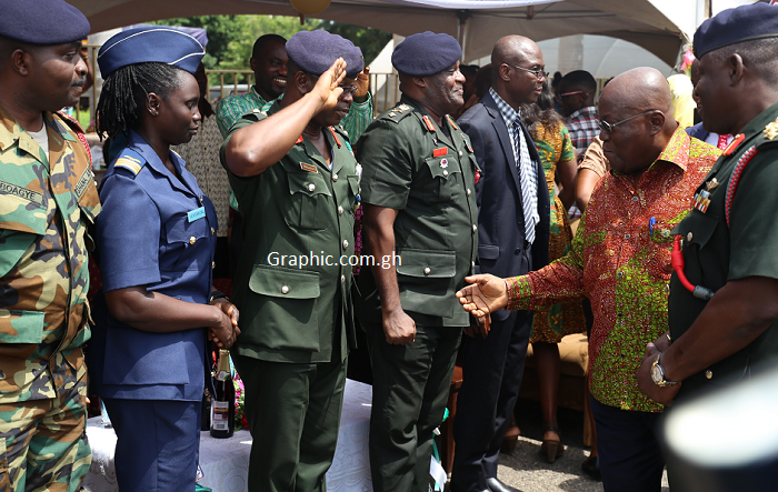 President Akufo-Addo exchanging pleasantries with some officers of the Ghana Armed Forces at their get-together in Accra yesterday