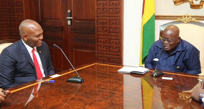 President Akufo-Addo (right) in a discussion with Tony Elumelu at the Flagstaff House 