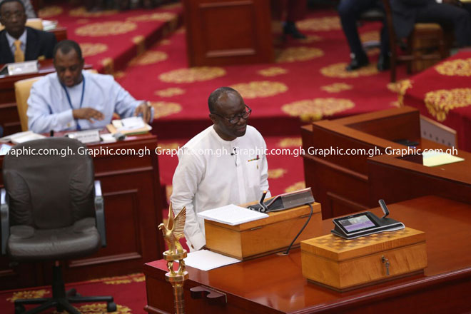 Mr Ken Ofori-Atta presenting the 2017 budget statement in Parliament on Thursday morning. Pictures by EMMANUEL ASAMOAH ADDAI