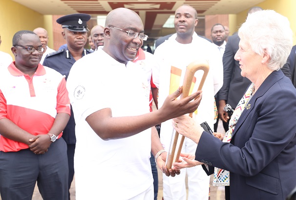 Vice-President Alhaji Dr Mahamudu Bawumia (left) receiving the  Queen’s Relay Baton from Louise Martin (right), President, Commonwealth Games Federations, at the Flagstaff House in Accra. Picture: SAMUEL TEI ADANO