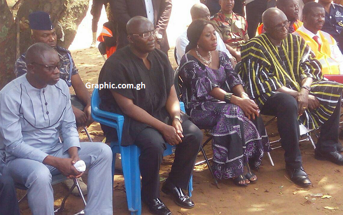  Vice-President Mahamudu Bawumia (second left) with the Brong Ahafo Regional Minister, Mr Kwaku Asomah-Cheremeh (left); Madam Catherine Afeku, the Minister for Tourism, Culture and Creative Arts, and Mr Ambrose Dery, the Minister for the Interior, at the family house of one of the deceased at Kintampo
