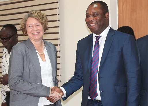 Dr Matthew Opoku Prempeh (right), the Minister of Education, exchanging pleasantries with Madam Tove Degnbol, the Danish Ambassador to Ghana, after the meeting. Picture: EDNA ADU-SERWAA