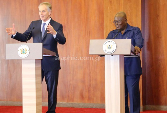 Mr Tony Blair (left), a former Prime Minister of the UK, speaking at the meeting, while President Akufo-Addo looks on. Picture: Samuel Tei Adano.