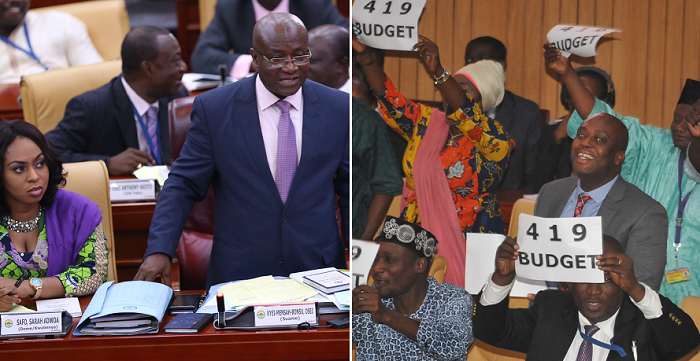 Left:  Majority MPs including the leadership at the budget hearing. Picture: EMMANUEL ASAMOAH ADDAI Right: Some Minority MPs showing their placards during yesterday’s budget presentation. Picture: EBOW HANSON 