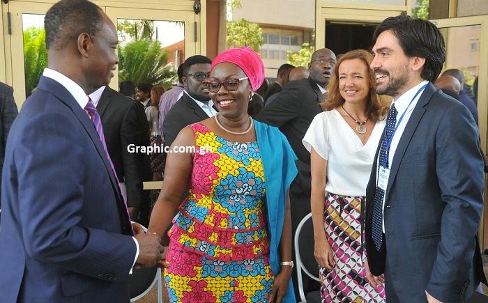  Mrs Ursula Owusu-Ekuful, Minister of Communications, interacting with Mr Matteo Lucchett and Mrs  Maria Luisa Troncoso, members of the EU delegation in Ghana. Also in the picture is Joe Anokye, Director General of the National Communications Authority (NCA) Picture: EBOW HANSON 