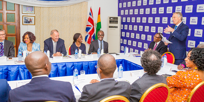  Tony Blair (standing) addressing stakeholders on governance and development at the IEA in Accra on Tuesday