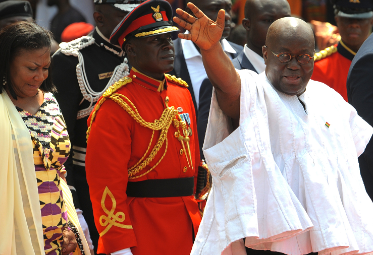  President Akufo-Addo waving to the crowd when he arrived at the Black Star Square. He was accompanied by Mrs Rebecca Akufo-Addo (left), the First Lady. Picture: SAMUEL TEI ADANO