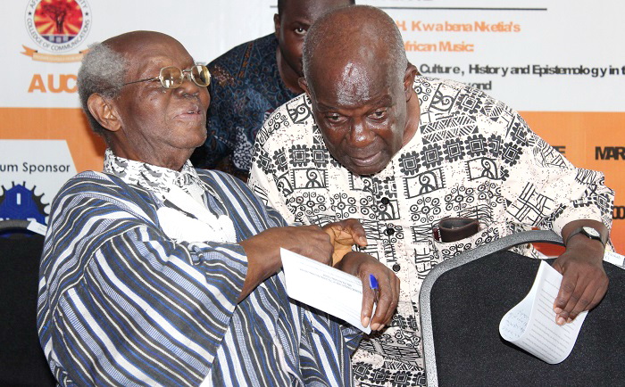 Emeritus Prof. J.H Nketia interacting with with Emeritus Prof. Kofi A. Opoku, founder of Kwabena Nketia Centre for Africana Studies (KNCAS), at the ceremony. Picture: BENEDICT OBUOBI