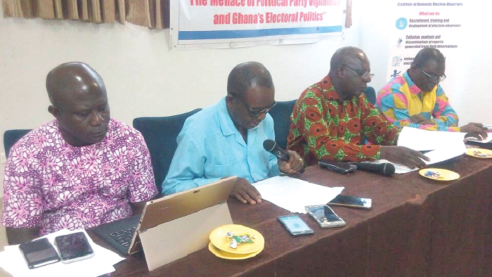 Mr Nicholas Akyire (second left), addressing the press conference. Those with him are, Mr Kwabena Abrampa-Mensah (left), Senior Programme Officer and Ambassador Francis Tsegah (second right), Senior Fellow, both of the CODEO Secretariat.
