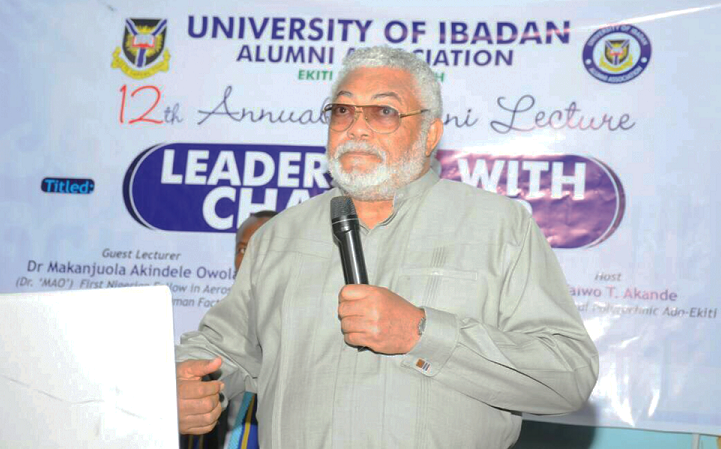 Former President Jerry Rawlings delivering his remarks at a lecture organised by the University of Ibadan Alumni Association (UIAA)