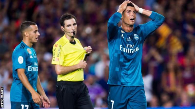 Cristiano Ronaldo put Real Madrid 2-1 up before he was sent off at the Nou Camp