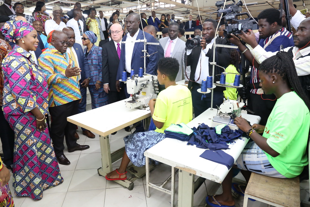 Ms Salma Salifu (left), Co-Founder and CEO conducting President Akufo-Addo round the facility after the launch in Accra. Also with them is Mr Robert Jackson (arrowed), American Ambassado to Ghana.