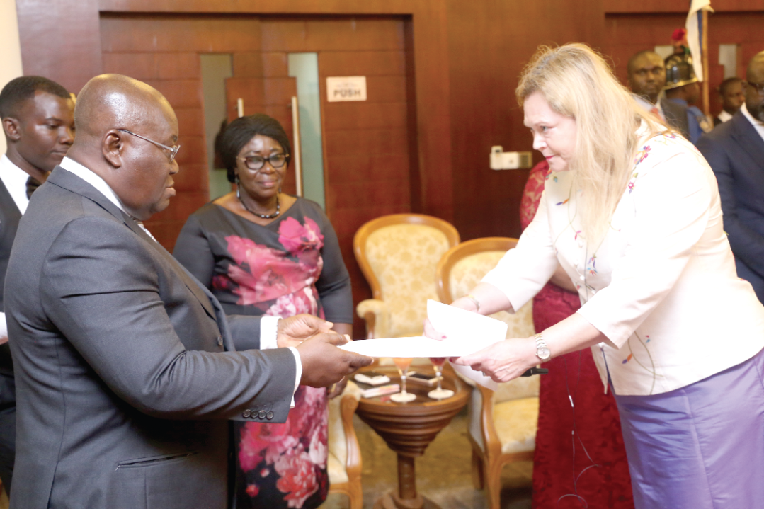 President Akufo-Addo receiving the credentials of Madam Inger Elizabeth Jorgensen Ultvedt (right), Swedish Ambassador to Ghana, at the Flagstaff