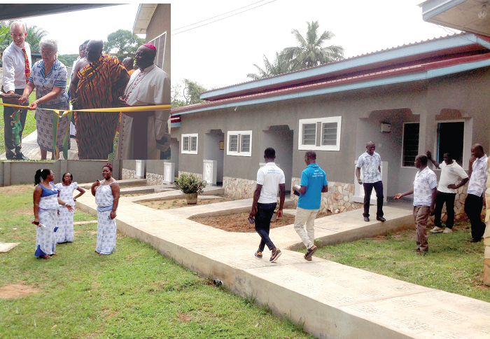 The 10-bedroom facility. INSET:  Mr Andrew Barnes (2nd left), the Australian High Commissioner to Ghana, being assisted by Sister Elizabeth (3rd left), the Coordinator of the centre, and Most Rev. Afrifah-Agyekum (right), the Catholic Bishop of the Koforidua Diocese, to cut the tape to inaugurate the project. Pictures: Nana Konadu Agyeman