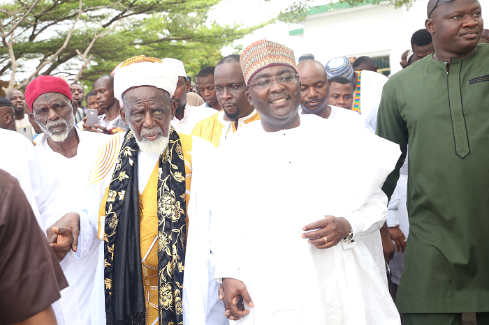 Vice-President Dr Mahamudu Bawumia and Sheihk Nuhu Sharubutu, the National Chief Imam, leaving the mosque after the prayers. Picture: SAMUEL TEI ADANO