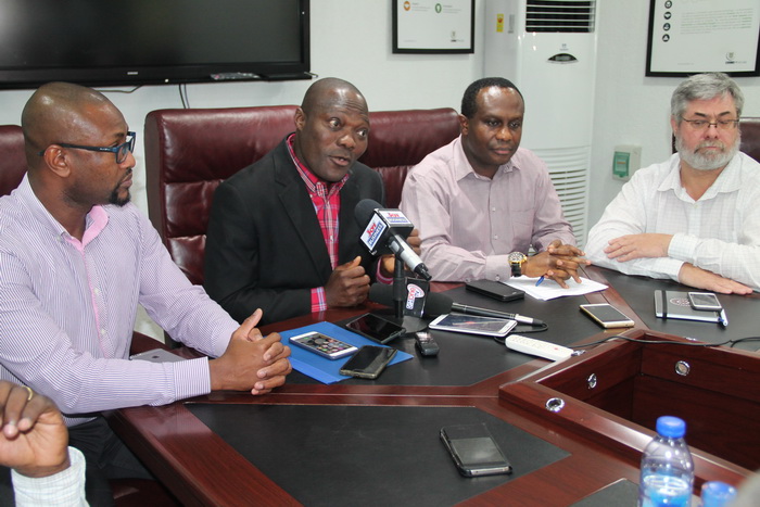 Mr Alfred Baku (2nd left), Executive Vice President and Head of West Africa, Goldfields, addressing journalists at the media briefing. 