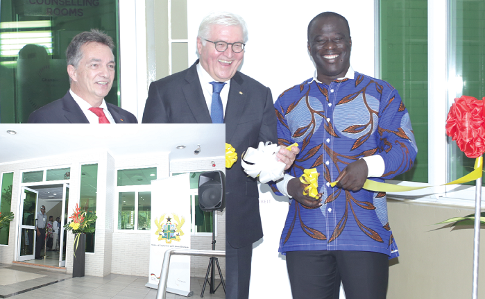 German President Frank-Walter Steinmeier (middle), Mr Ignatius  Baffour Awuah (right) and Mr Friedrich Kitschelt (left), German Secretary of State for Economic Cooperation, jointly cut the tape to inaugurate the Migration Advisory Centre in Accra. INSET: Front view of the Migration Advisory Centre. Picture: GABRIEL AHIABOR