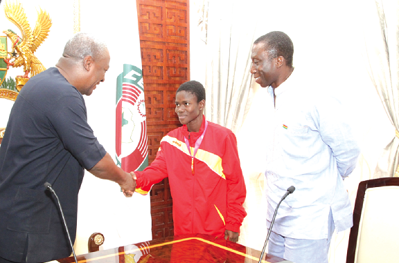 Flashback: Former President John Dramani Mahama welcoming Martha Bissah to the Flagstaff House three years ago after Ghana’s athletics chief, Prof. Francis Dodoo, led the athlete to the Presidency to collect her reward after her Youth Olympics triumph. Their relationship turned sour after that visit.