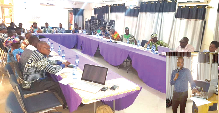 Mr Raymond Yaotse (inset), Project Manager, briefing participants about the progress of the project during the review meeting  
