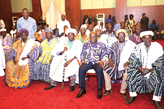 The President with the Konkomba Chiefs when they called on him at the Flagstaff House