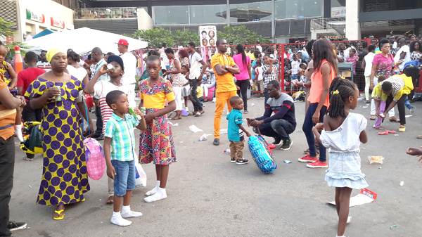 Some of the children and their parents at the mall.