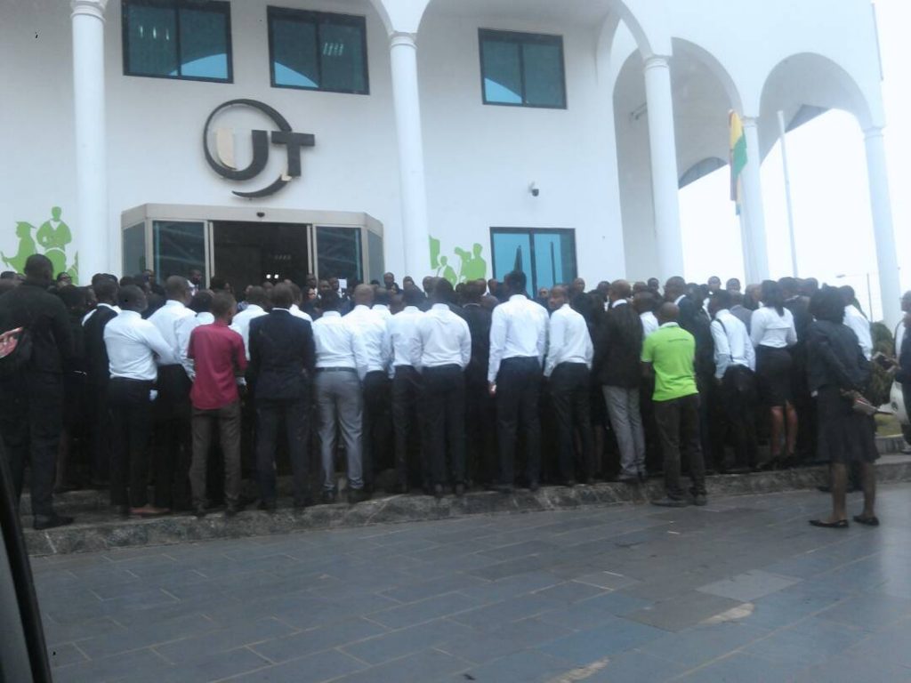 Staff of UT Bank at headquarters in Accra on Monady morning