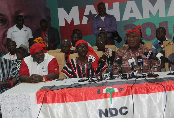  Mr Kofi Portuphy (right) addressing the press. With him are Mr Johnson Asiedu Nketia and Mr Koku Anyidoho. Picture: EBOW HANSON 