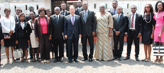 The Lebanese Ambassador to Ghana, Halabi Ali (middle), with the award wnners. Those with him are officials of the universities