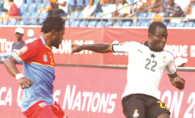  Frank Acheampong (right) in action for Ghana against DR Congo last Sunday.