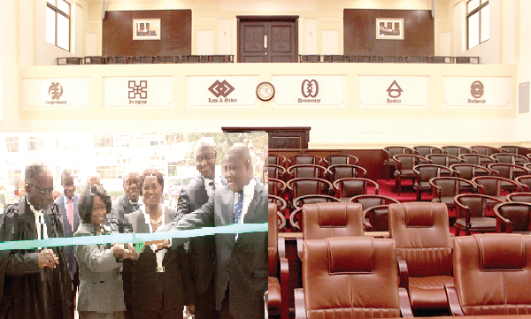 The interior of the renovated Supreme Court. INSET: Justice Georgina Theodora Wood (middle) being assisted by Justice William Atuguba, Justice Adinyira (2nd left) and Mr Benson Nutsukpui Esq (right) to cut the tape for the official opening of the Supreme Court complex. Picture: Nii Martey Botchway