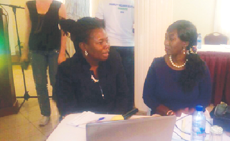 Ms Patience Agyare-Kwabi (right) interacting with Ms Clara Tigenoah (left) at the workshop