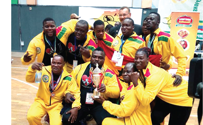 • Jubilant Golden Arms displaying their medals and silver trophy won in Lagos