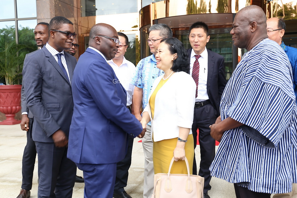Vice-President Mahamudu Bawumia (2nd left), Ms Sun Boahang (2nd right),  the Chinese Ambassador to Ghana, after the opening session. Looking on are Mr Bawarnoba Baeka (right) the Chief Director, Ministry of Trade and Industry and  Dr Emmanuel Akwetey (left), the Executive Secretary, IDEG.  Picture: SAMUEL TEI ADANO