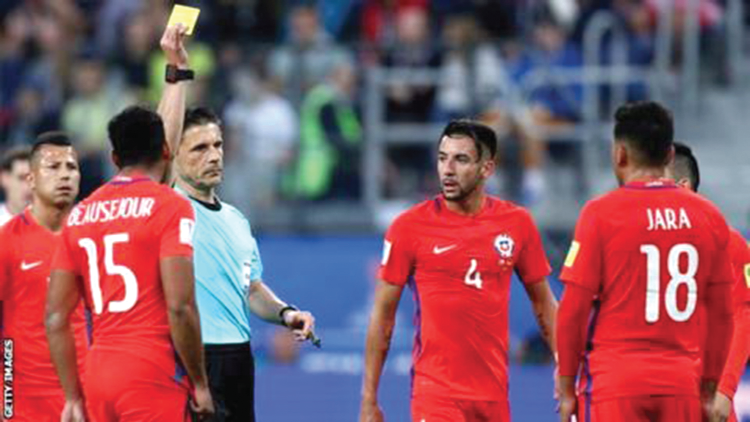 Referee Milorad Mazic decided to only book Chile's Gonzalo Jara after the player appeared to elbow Germany's Timo Werner during the Confederations Cup final