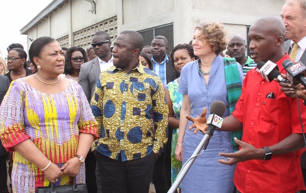 Mr Sampson Sayibu (right), the Managing Director of Slamsom Ghana Limited, briefing the First Lady, Mrs Rebecca Akufo-Addo, and Nii Adjei Sowah, the AMA Chief Executive, on the project